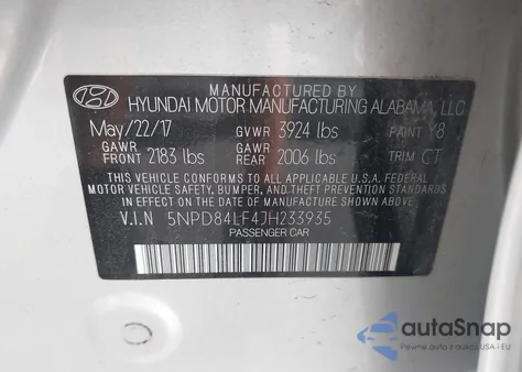 2018 Hyundai Elantra Sel z USA, uszkodzony, nr VIN 5NPD84LF4JH233935